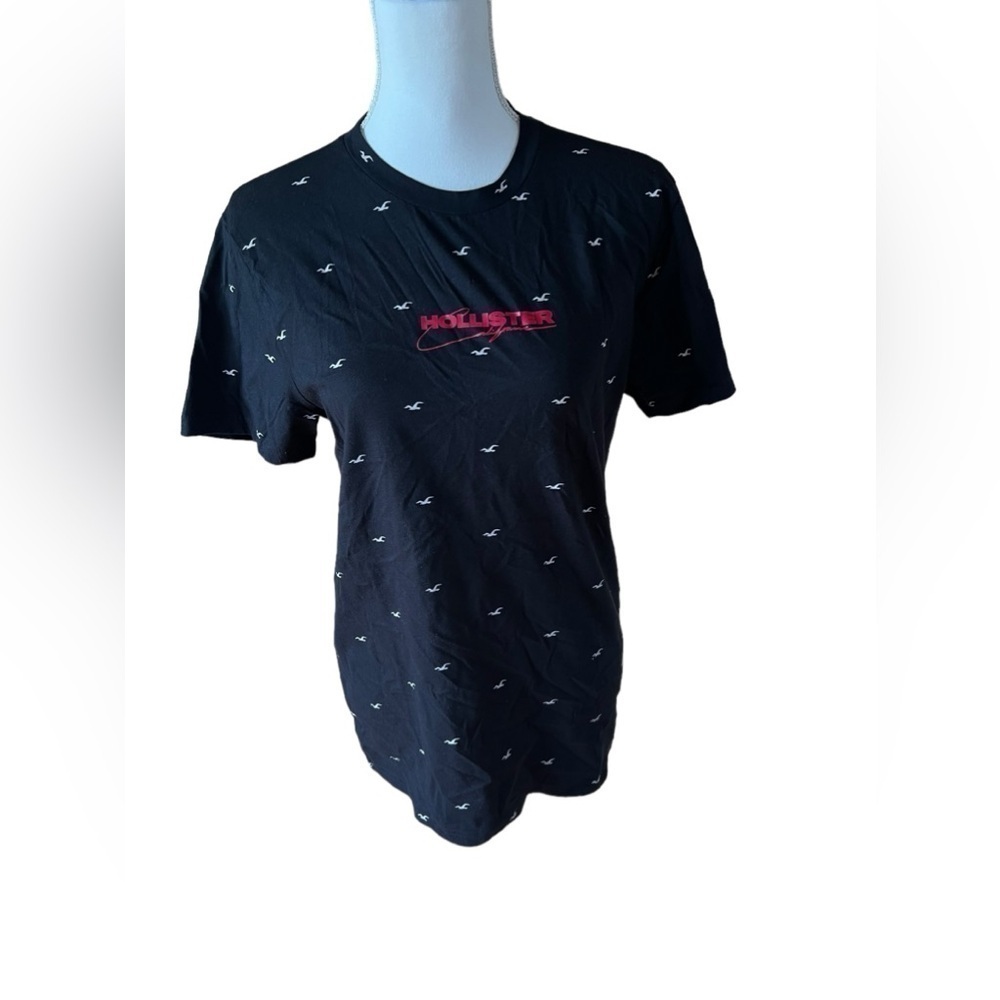 Hollister Black‎ Short Sleeve Logo Patterned T-Shirt with Red and White Print